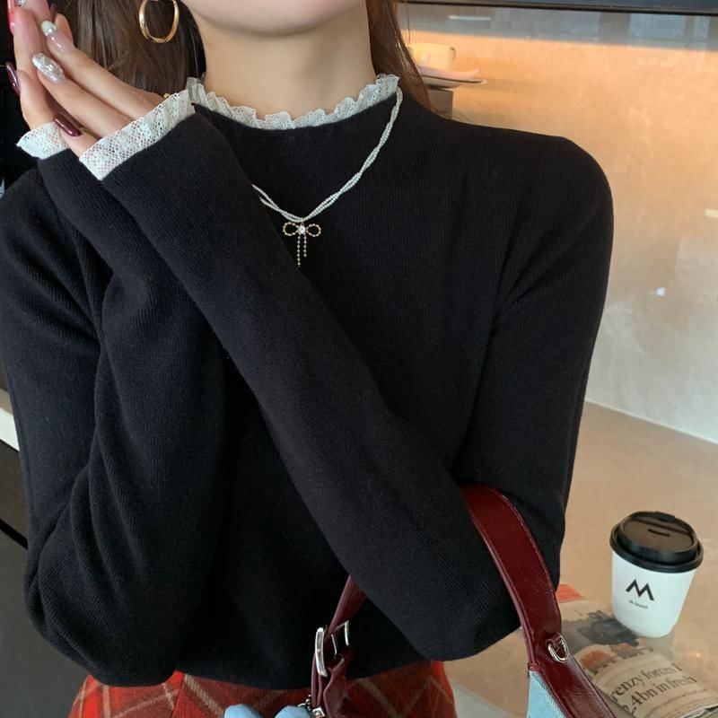 Mock-Neck Long-Sleeve Basic Knit Tee