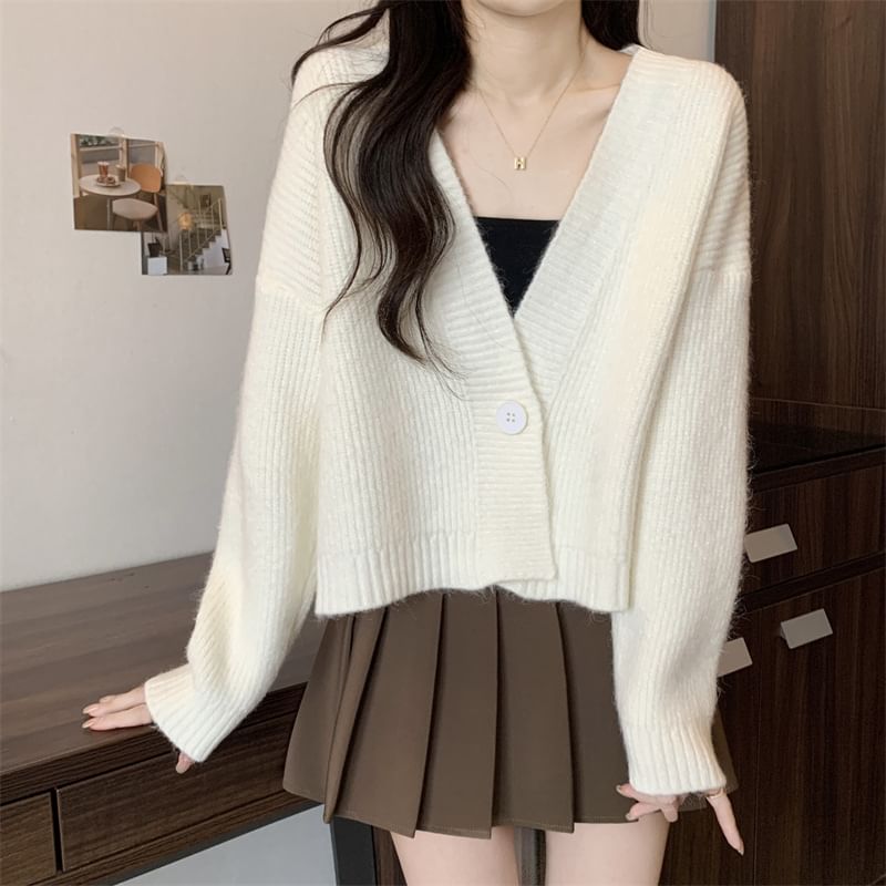 Ribbed Single-Button V-Neck Cardigan