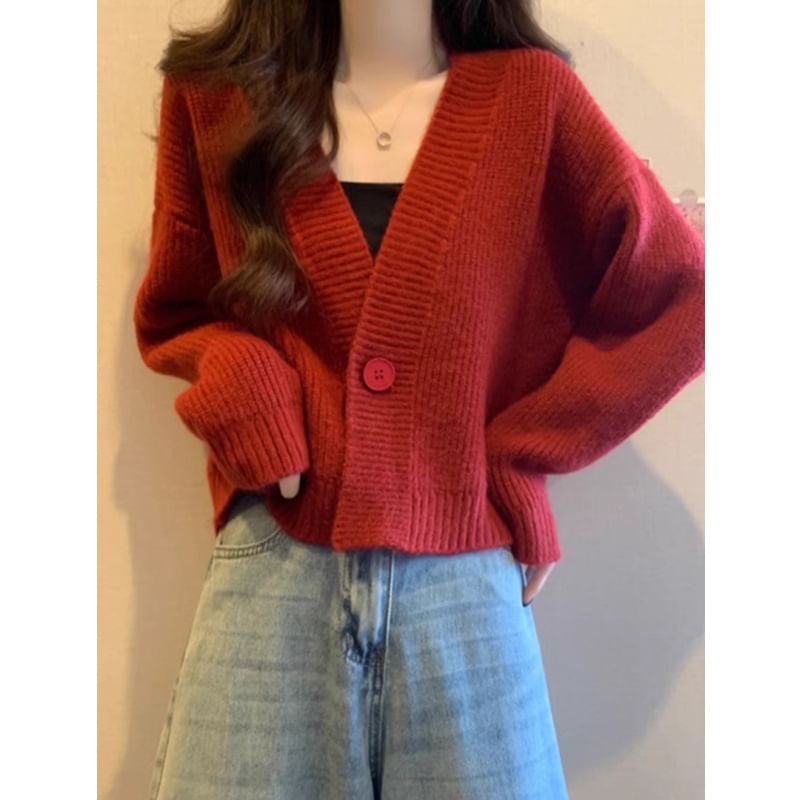 Ribbed Single-Button V-Neck Cardigan