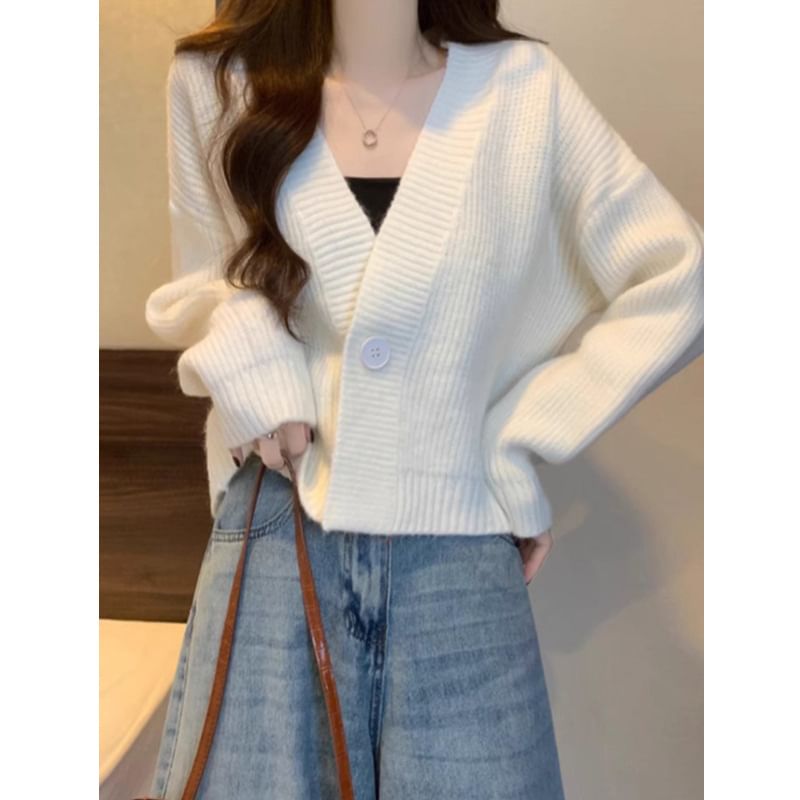 Ribbed Single-Button V-Neck Cardigan
