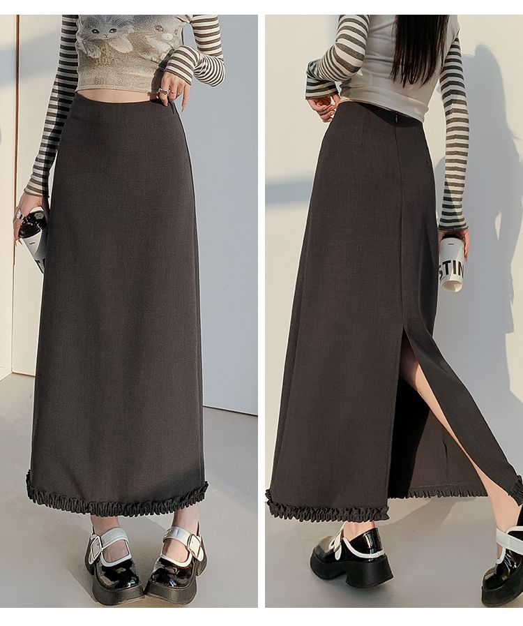 Waist A-Line High Ruffle Skirt Slit Trim Midi Plain