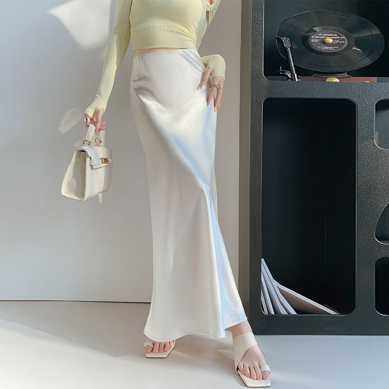Waist Midi High A-Line Satin Plain Skirt
