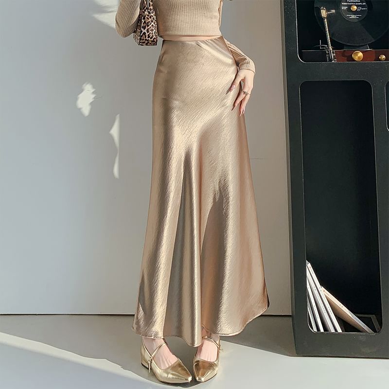 Waist Midi High A-Line Satin Plain Skirt