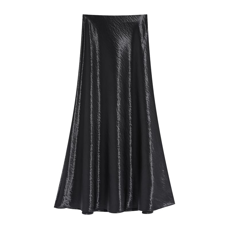 Waist Midi High A-Line Satin Plain Skirt