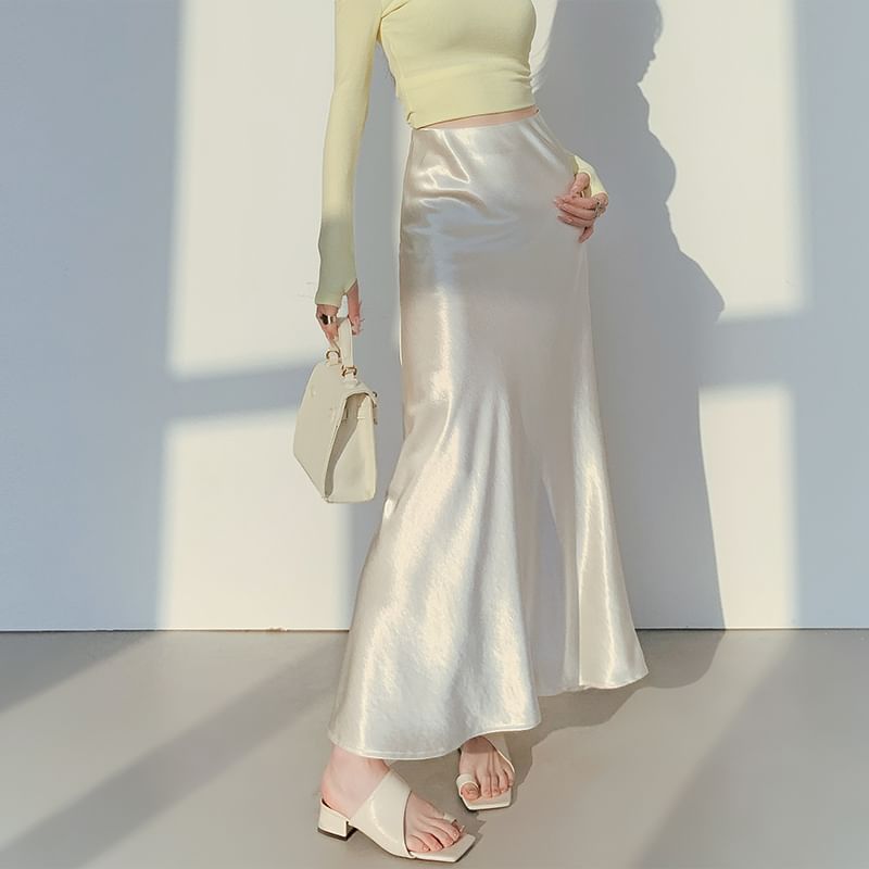 Waist Midi High A-Line Satin Plain Skirt