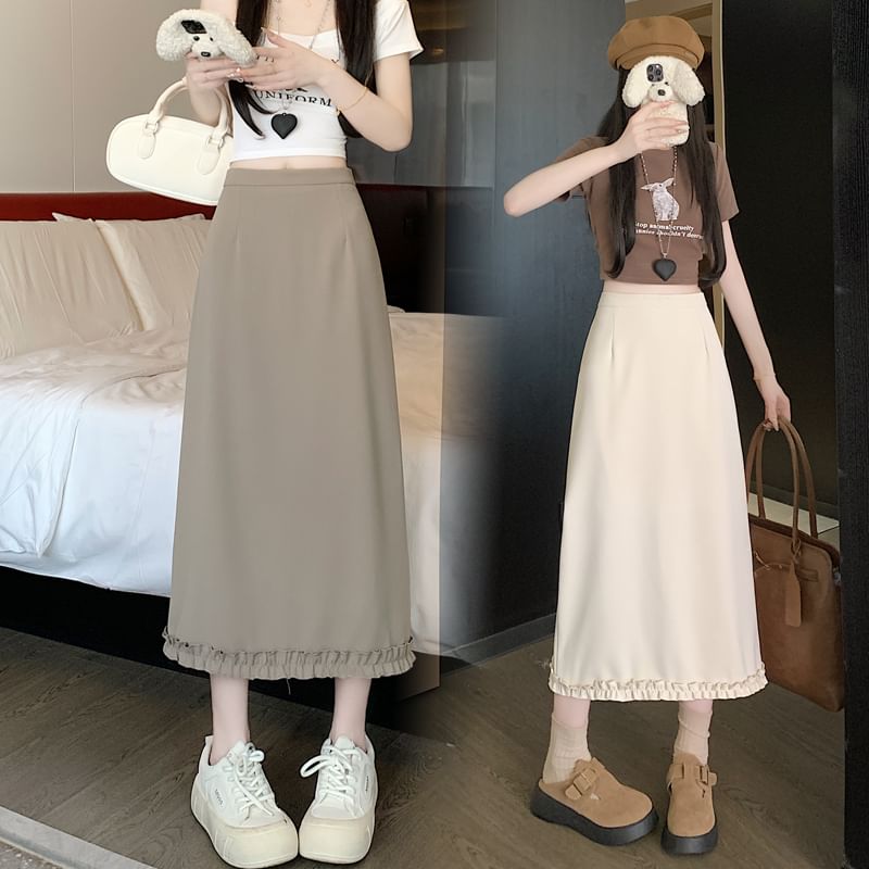 Rise Skirt Slit Ruffle A-Line Trim Plain High Midi