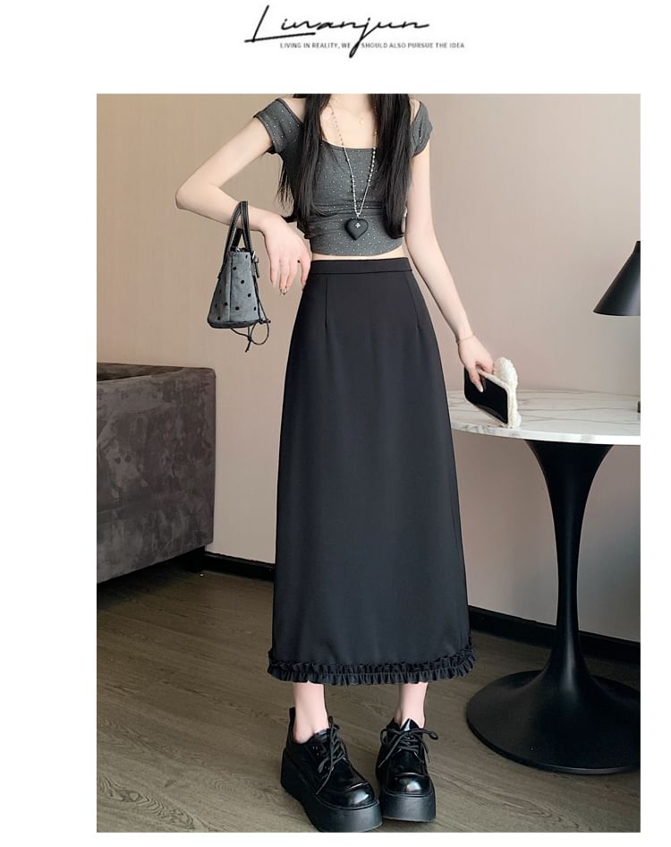 Rise Skirt Slit Ruffle A-Line Trim Plain High Midi