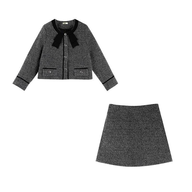 Round Neck Bow Tweed Button Jacket / High Rise Mini A-Line Skirt