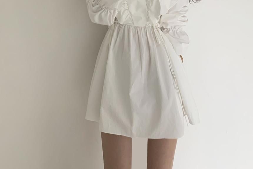 A-Line Collared V-Neck Long-Sleeve Dress Plain Mini