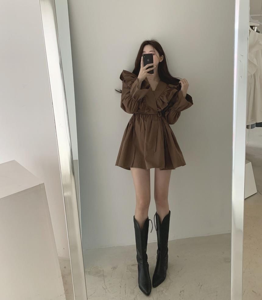 A-Line Collared V-Neck Long-Sleeve Dress Plain Mini
