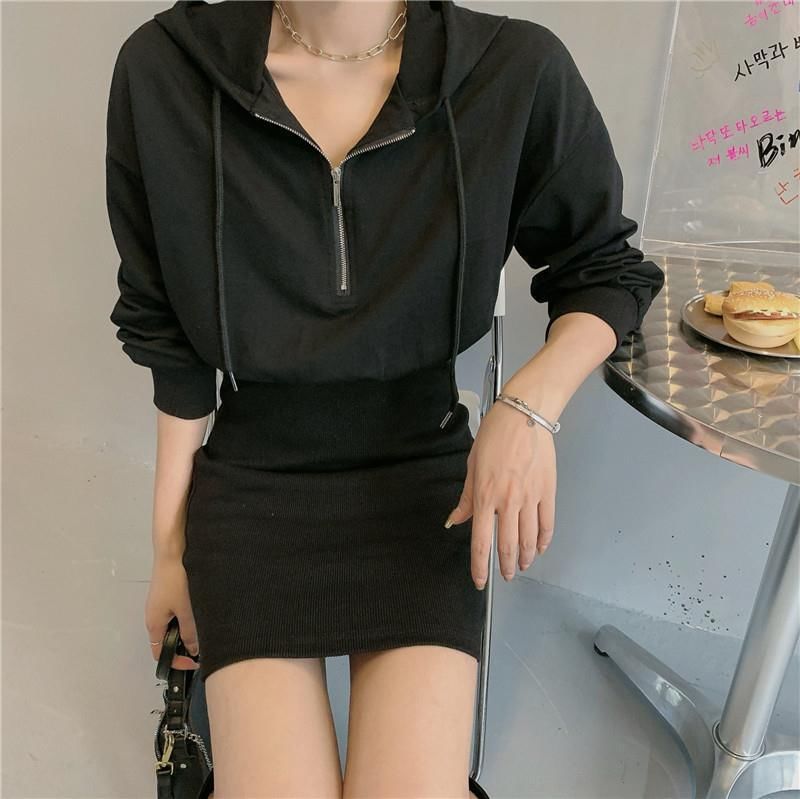 Zip Dress Half Plain Mini Hoodie