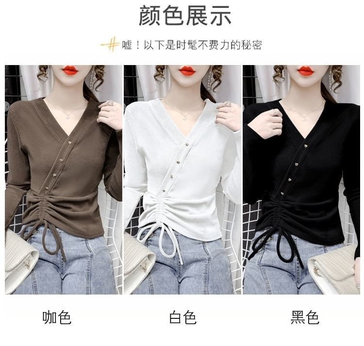 Long-Sleeve Asymmetrical Crop V-Neck Plain Top