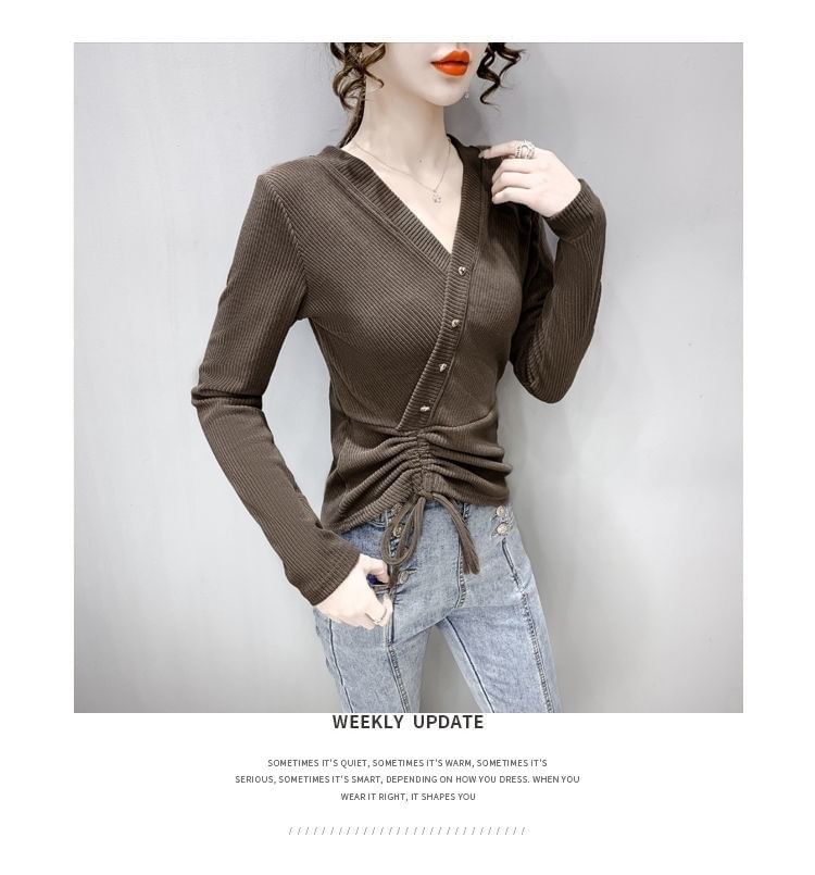 Long-Sleeve Asymmetrical Crop V-Neck Plain Top