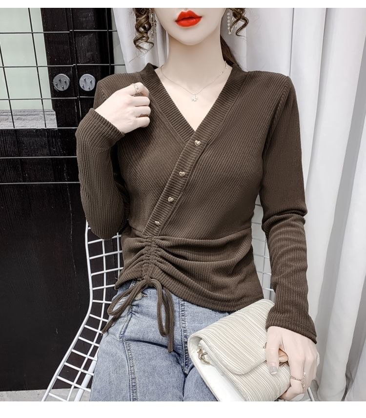 Long-Sleeve Asymmetrical Crop V-Neck Plain Top