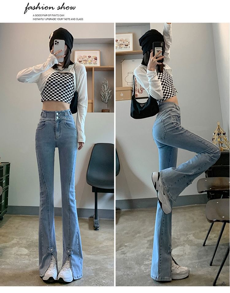 High Hem Flared Jeans Waist Slit