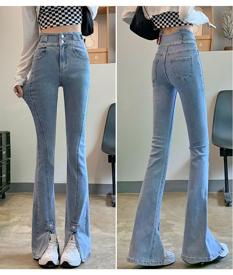 High Hem Flared Jeans Waist Slit