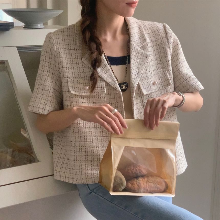 Short Sleeve Collared Tweed Faux Pearl Button Jacket