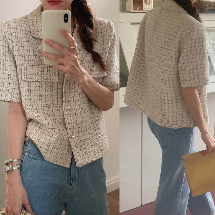 Short Sleeve Collared Tweed Faux Pearl Button Jacket