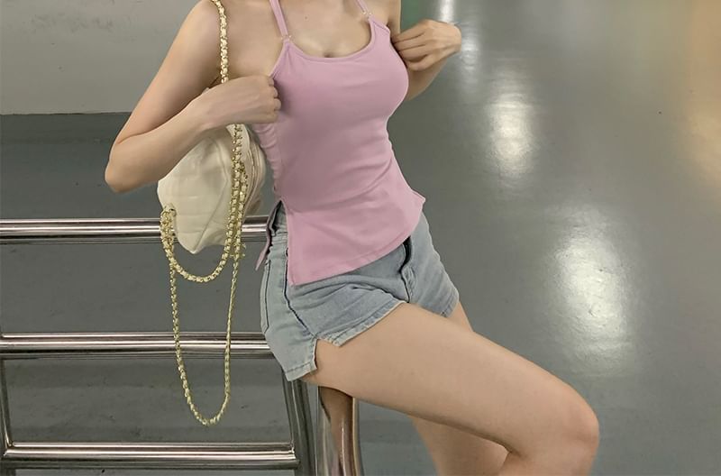 Scoop Neck Plain Top Side-Slit Halter Fit Slim