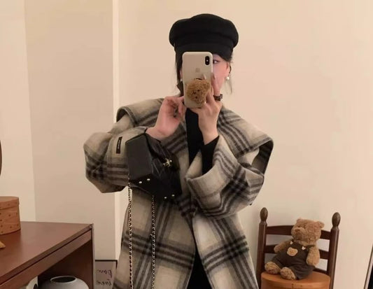 Lapel Collar Plaid Woolen Coat