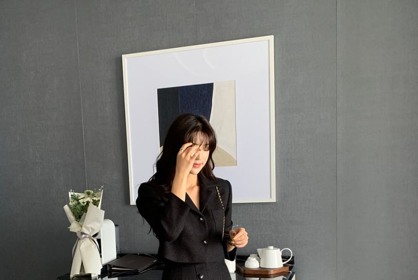 Plain Tweed Crop Single-Breasted Blazer / High Rise Button Front Midi Straight Skirt