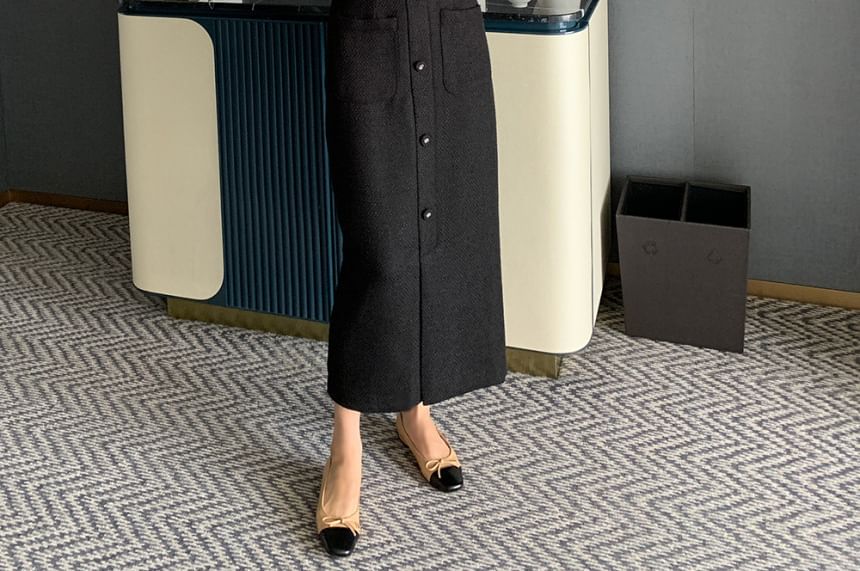 Plain Tweed Crop Single-Breasted Blazer / High Rise Button Front Midi Straight Skirt
