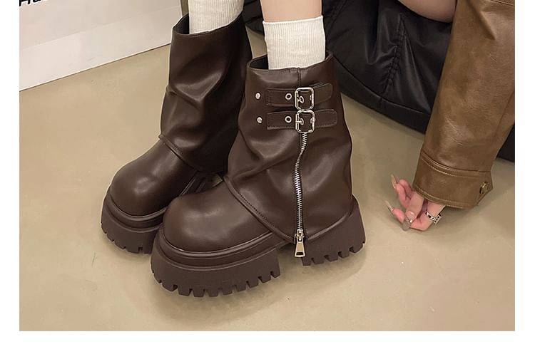 Short Panel Buckled Platform Zip Boots