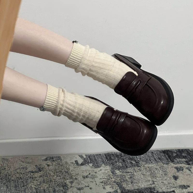 Leather Heel Block Faux Loafers