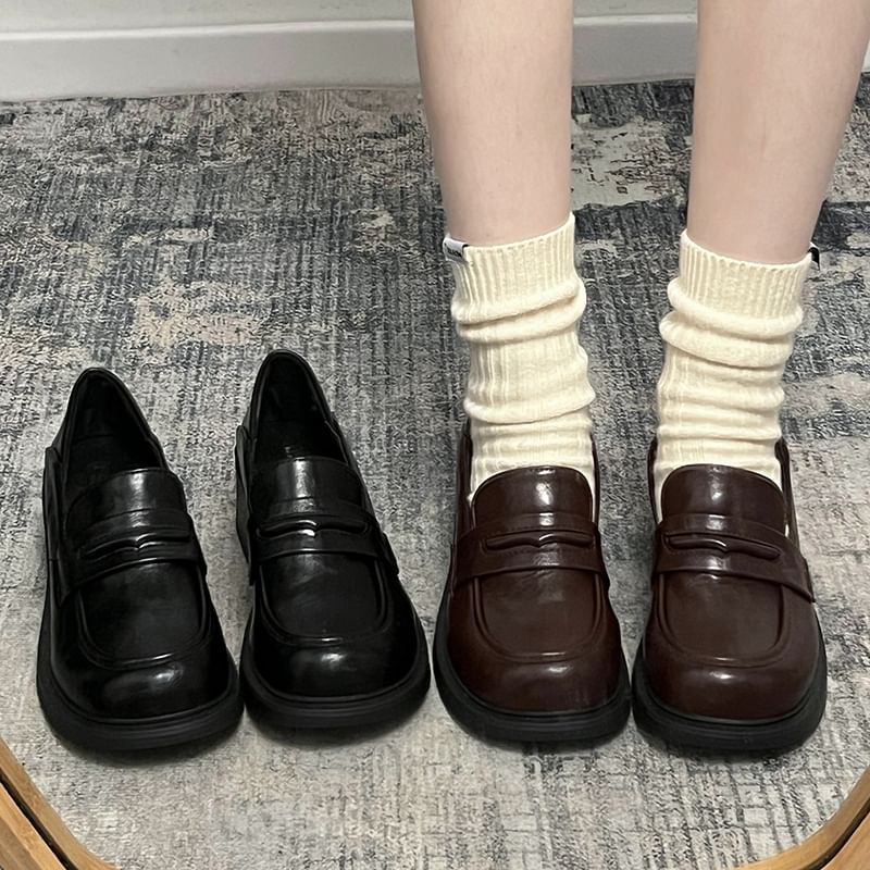Leather Heel Block Faux Loafers
