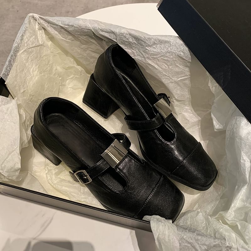 Heel Toe Block Square Pumps T-Strap Cap