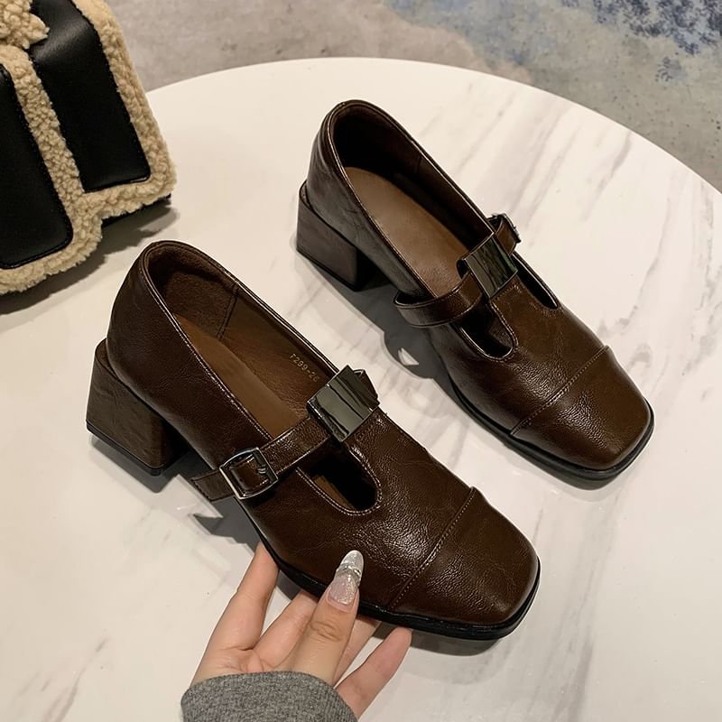 Heel Toe Block Square Pumps T-Strap Cap