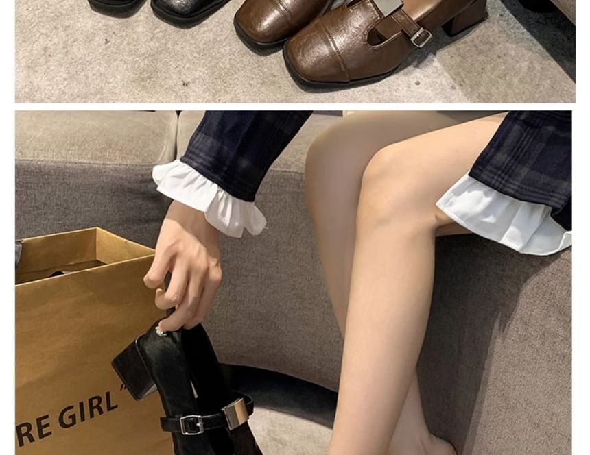 Heel Toe Block Square Pumps T-Strap Cap