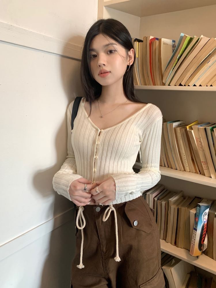 V-Neck Button-Up Crop Cardigan