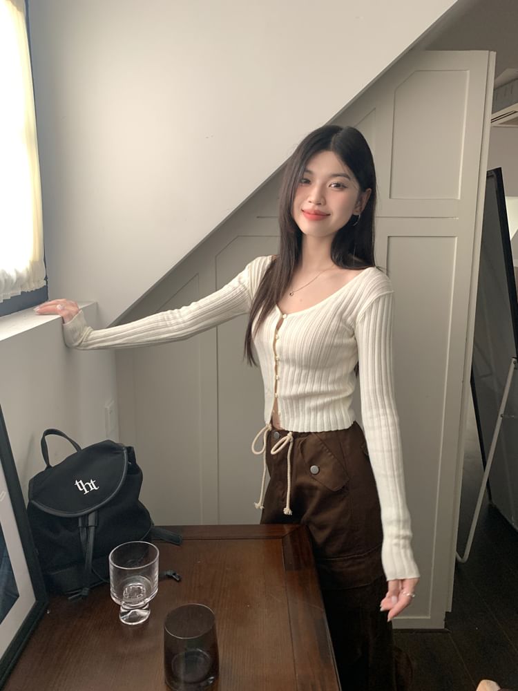 V-Neck Button-Up Crop Cardigan