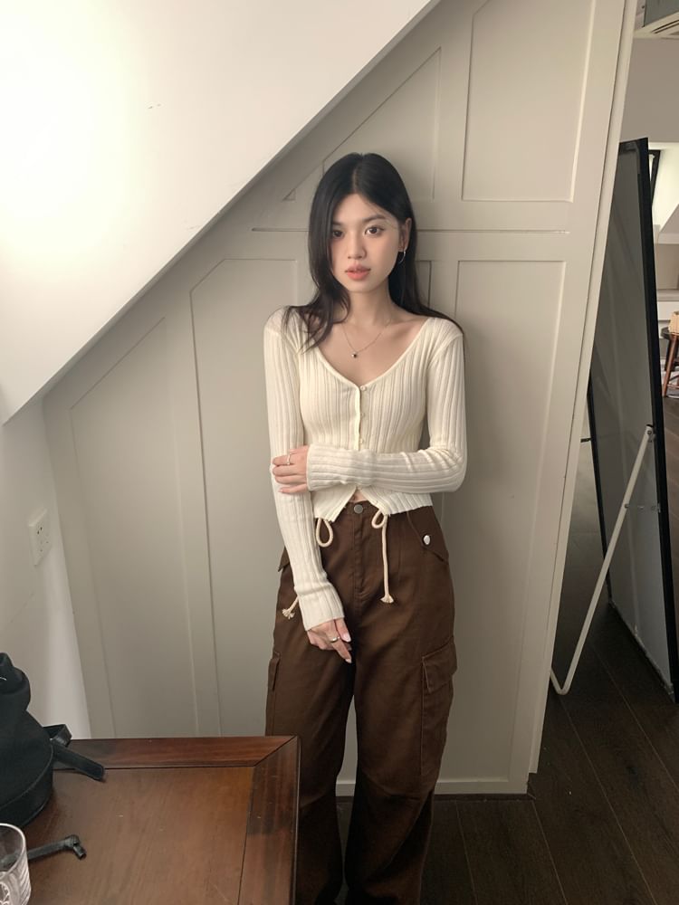 V-Neck Button-Up Crop Cardigan