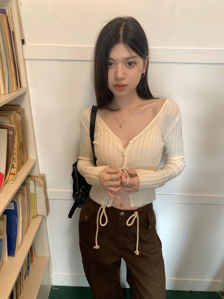 V-Neck Button-Up Crop Cardigan