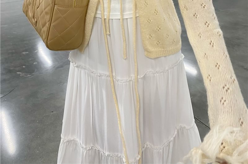 Fringed Tie Front Perforated Cardigan & Lace Camisole Set