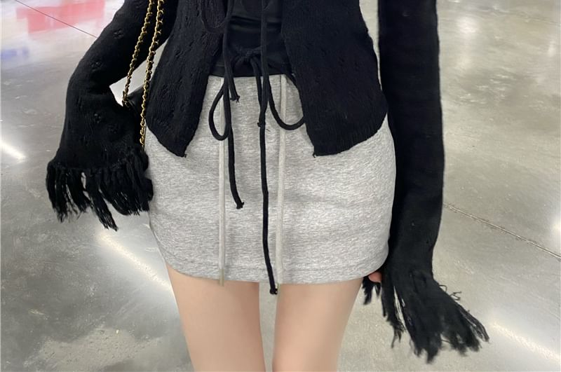 Fringed Tie Front Perforated Cardigan & Lace Camisole Set