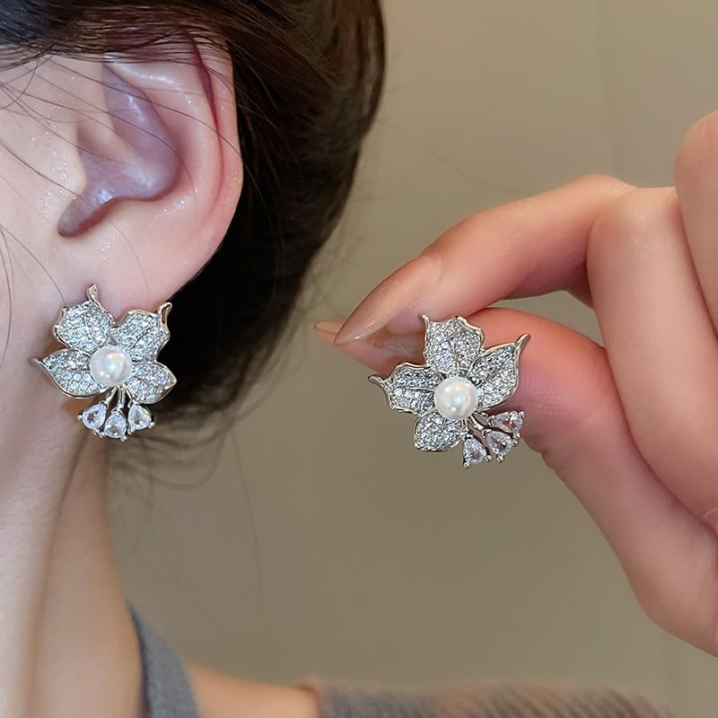 CZ Earring Pearl Faux Flower Stud