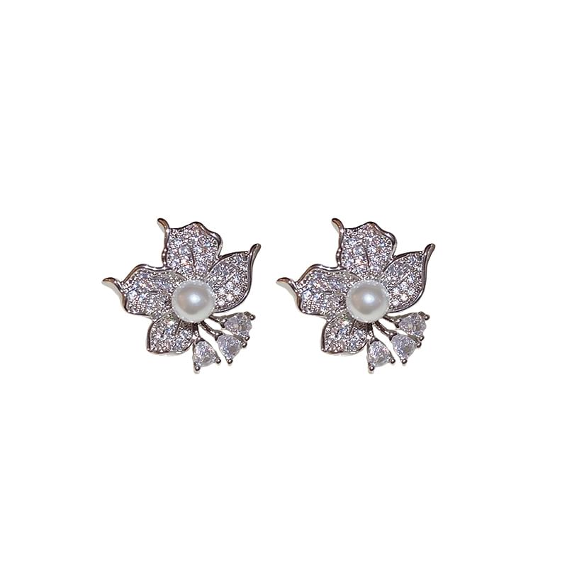 CZ Earring Pearl Faux Flower Stud