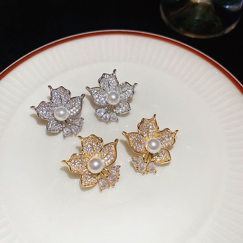 CZ Earring Pearl Faux Flower Stud