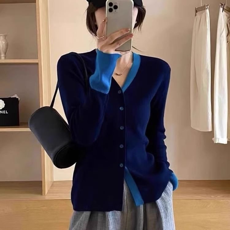 Two-Tone V-Neck Button-Up Cardigan