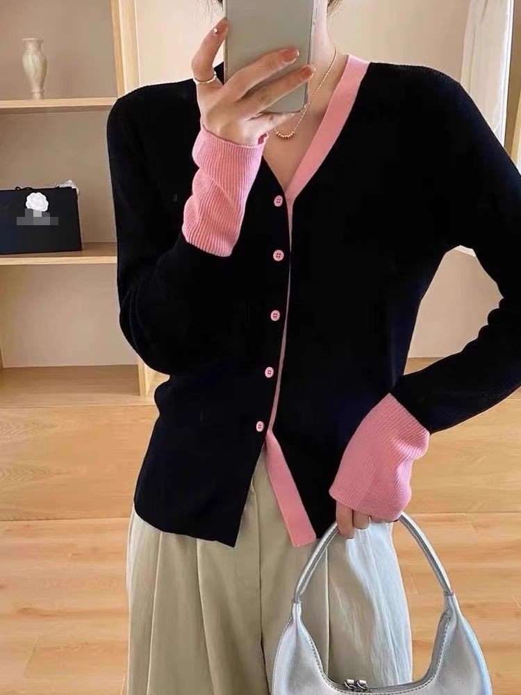 Two-Tone V-Neck Button-Up Cardigan