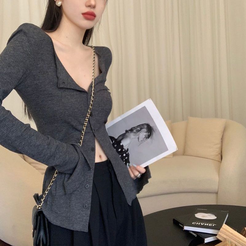 V-Neck Button-Up Plain Cardigan