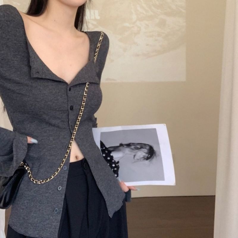 V-Neck Button-Up Plain Cardigan