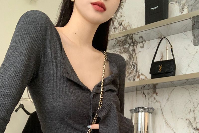 V-Neck Button-Up Plain Cardigan