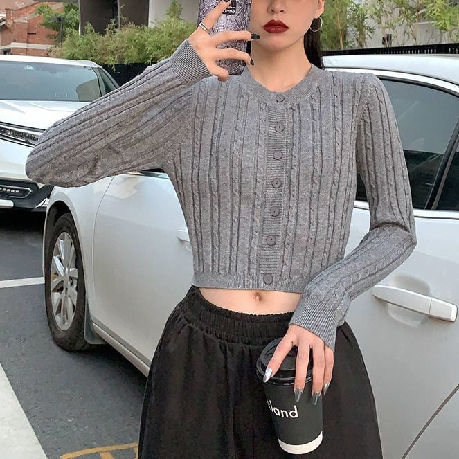 Crew Neck Cable Knit Cropped Cardigan - Plain Button-Up