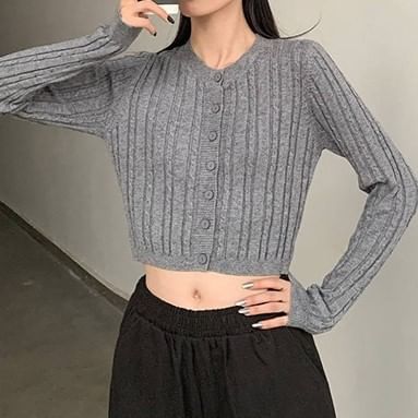 Crew Neck Cable Knit Cropped Cardigan - Plain Button-Up