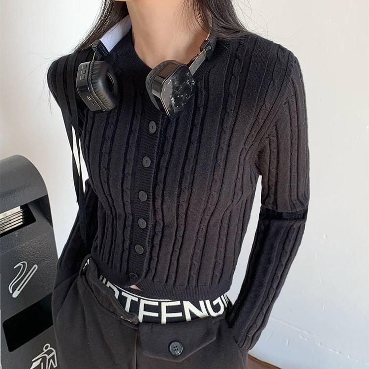Crew Neck Cable Knit Cropped Cardigan - Plain Button-Up