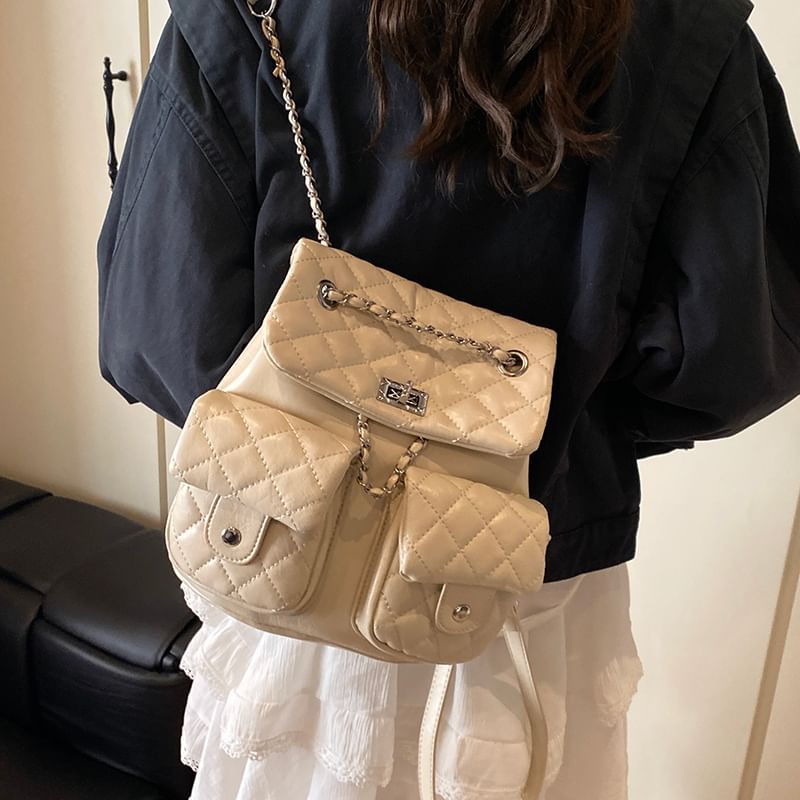 Strap Leather Faux Backpack Quilted Chain